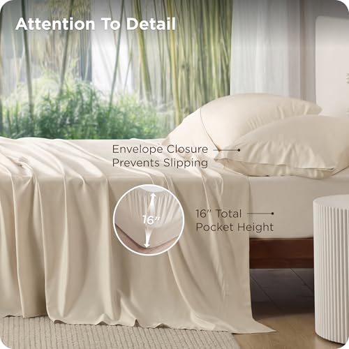 Bedsure Queen Sheet Set, Rayon Derived from Bamboo, Cooling Sheets, Breathable & Soft, Deep Pocket Up to 16", Hotel Luxury Silky Bedding for Hot Sleepers, Light Beige Bedsure