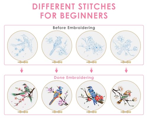 TINDTOP Embroidery Kit for Adults, Flowers and Bird Embroidery Practice Kits for Beginners Adults Include Embroidery Cloth Hoops Threads for Craft Lover Hand Stitch