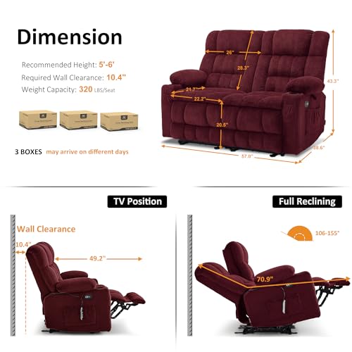 MCombo 57" Power Loveseat Recliner, Electric Reclining Loveseat Sofa with Heat and Vibration, Cupholders, USB Charge Ports for Living Room 6314 (Burgundy, Loveseat)