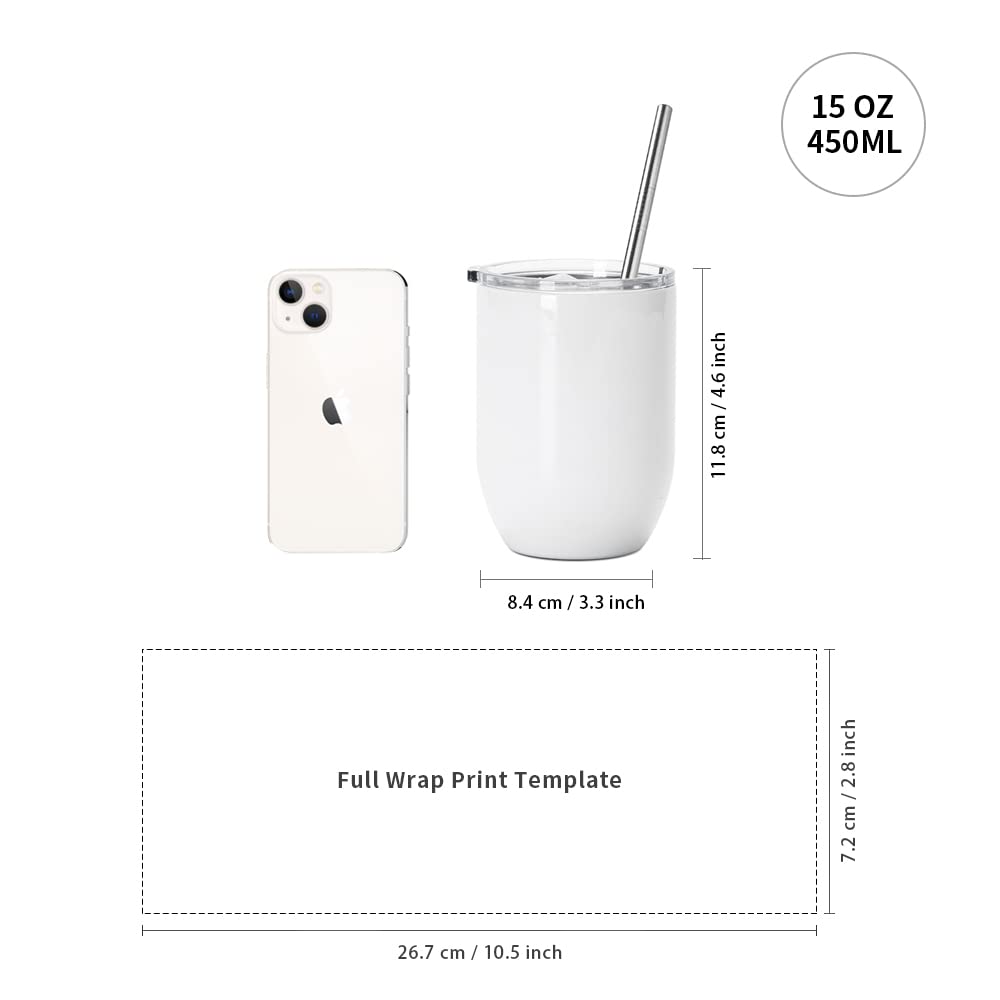 PYD Life Sublimation Wine Kids Tumblers Blanks Straight Bulk 15 OZ Glossy White with Leakproof Lid and Straw Stainless Steel for Cricut Mug Press Tumbler Heat Press 6 Pack PYD Life