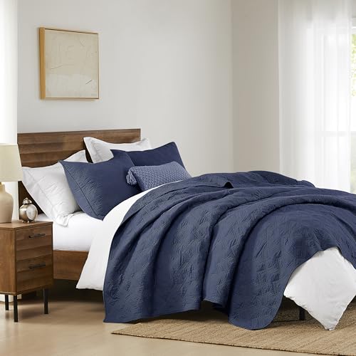 WDCOZY 100% Cotton King Size Quilt Set - Navy Blue Pre-Washed Soft Lightweight Modern Bedspread, Farmhouse Country Rustic Coverlet, Textured Like Linen, Shabby Chic Gauze Bedding, 3 Pieces WDCOZY