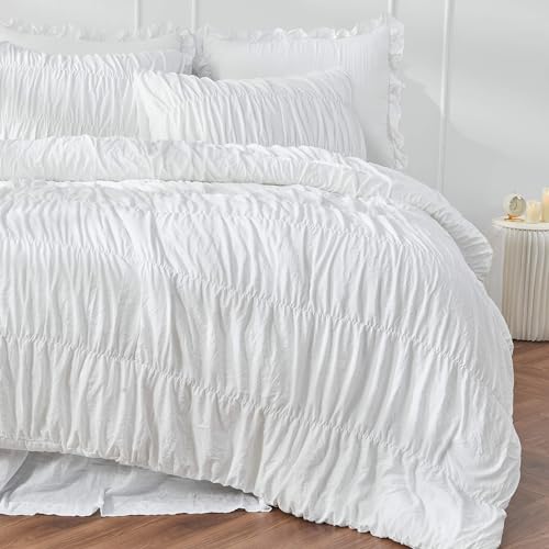 Bonlino Queen Comforter Set White Bedding - Ruched Comforter Queen Size Bed Set Boho Shabby Chic Bedding for Bedroom Comforter Fluffy 3 Piece Ruffle Comforter Set with Pillow White Soft Bonlino