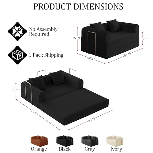 HouseMila 53.15" Boneless Couch,4-in-1 Futon Sofa Bed Modular Loveseat Sleeper Folding Compressed Couch with Pillows,No Assembly Required Convertible Sofa Bed for Living Room Bedroom Guest Room,Black HouseMila