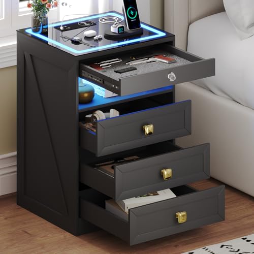 MDGC Smart Nightstand with Lockable Gun Drawer,Farmhouse Bedside Table with Charging Station and 3 LED Lights, Modern Night Stand with 3 Drawers,Glass Top End Side Table for Bedroom(Black) MDGC