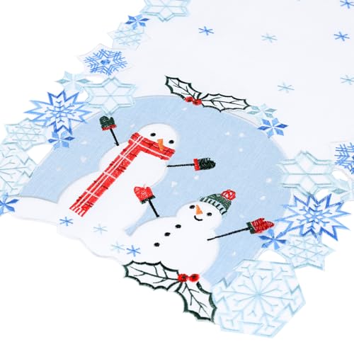 Christmas Table Runner 36 inches Long Snowman Snowflake Blue White Embroidered Dinning Table Decorations Winter Holiday Xmas YINFUNG
