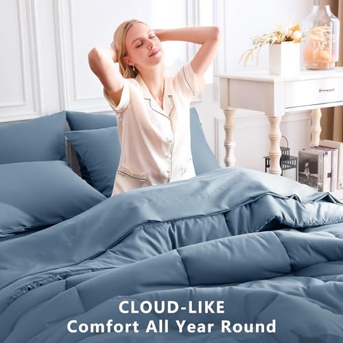 CozyLux Twin Comforter Set with Sheets Dusty Blue, 5 Pieces Bed in a Bag, Grayish Blue Comforter Twin Size, All Season Bedding Set with Stitch Quilted Comforter, Flat Sheet, Fitted Sheet, Pillowcases CozyLux