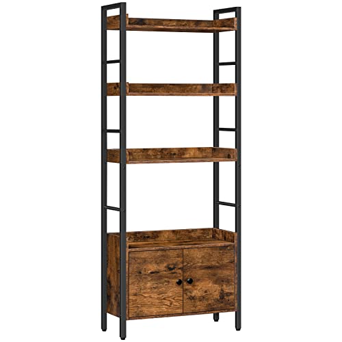 HOOBRO 4-Tier Industrial Bookshelf with Doors and Storage, Rustic Brown and Black HOOBRO