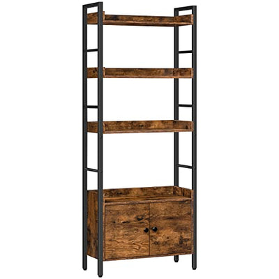 HOOBRO 4-Tier Industrial Bookshelf with Doors and Storage, Rustic Brown and Black