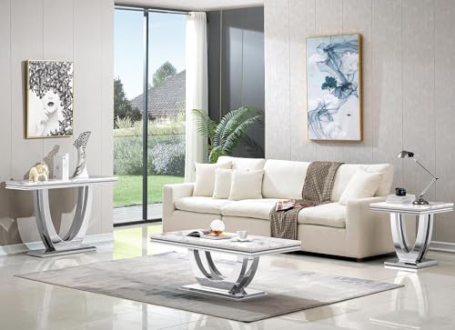 White Marble Console Table with Mirrored Stainless Steel U-Shaped Base, Faux Marble Top, Modern Design for Entryway, Hallway, Living Room, Silver Kootlena
