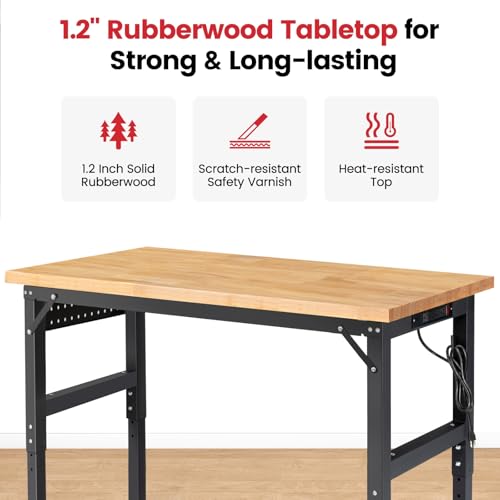 ENJOYWOOD Workbench for Garage Adjustable Height 60 x 22 Inch Work Table with Wheels Heavy Duty Rubberwood Tabletop Workbench with Pegboard, Power Outlets for Woodworking Shop, Home, Office ENJOYWOOD