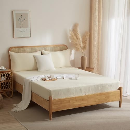 100% Muslin Cotton Cream Fitted Sheet Twin Only with 16" Elastic Deep Pocket, 1 Pack Soft Breathable Absorbent Gauze Single Fitted Bottom Sheet, Minimalist Fluffy Wrinkle Mattress Protector YASMENG