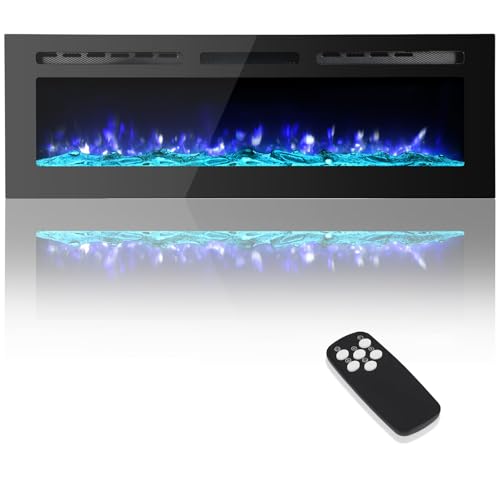 Fireplace, 50 Inch Recessed & Wall Mounted, 750W/1500W Dual Heater, Adjustable Brightness/Carbon Bed Colors/Touch Screen/12 Realistic Ember Color Fireplace, Mount Black PeakPursuit