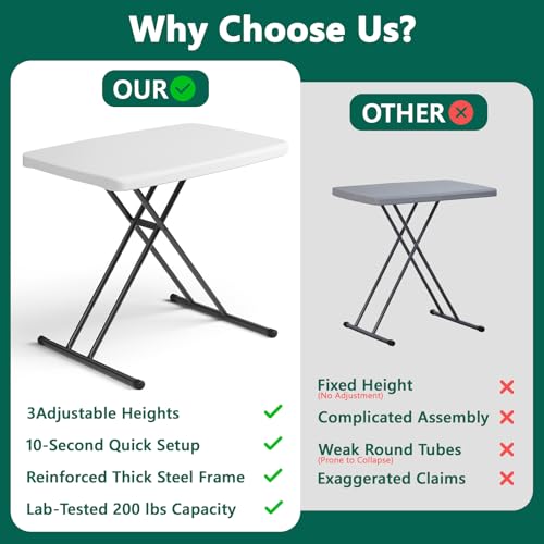 MAKE CHANGES Folding Table 30 Inch - Small Desk Adjustable Height TV Tray for Laptop, Couch, Camping - Heavy Duty Utility Foldable Table for Small Spaces, No Assembly Required, White Granite MAKE CHANGES