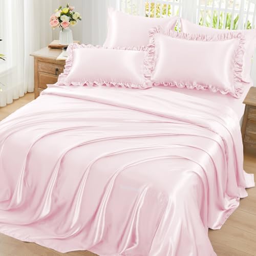 Homiest Ruffled Satin Sheets Twin Size 4pc Set - Blush Pink Bed Sheet Set with 15 Inch Deep Pocket Fitted Sheet, 1 Flat Sheet, 1 Ruffled Pillow Shams & 1 Pillowcases, Similar to Silk Sheets Homiest