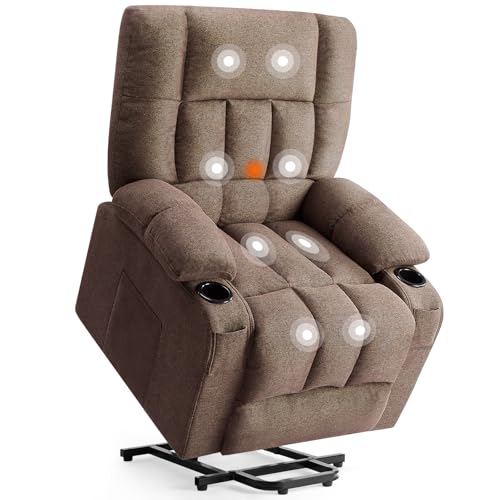 Sweetcrispy Power Lift Recliner Chair with Vibration Massage and Heat for Adults, Ergonomic Overstuffed Breathable Fabric Reclining Chair with Side Pockets, Remote Control, Living Room, Bedroom, Brown