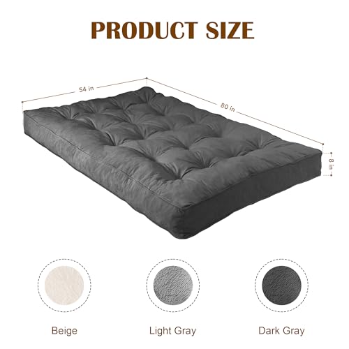 8" Futon Mattress Full Size 54" x 80", Thick Futon Sofa Couch Bed for Adults, Velvet Floor Futon Mattress Shredded Foam Filling, Tatami Sleeping Mat for Camping, Dorm, Dark Gray(Frame Not Included) Bliss Homey