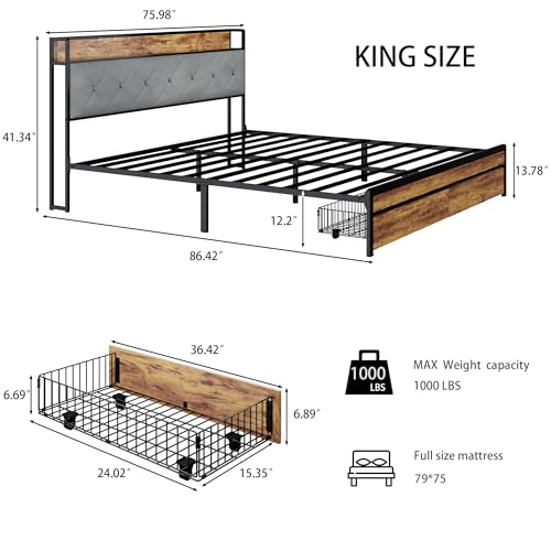 King Size Metal Platform Bed Frame with 2 Storage Drawers, LED Light, Velvet Headboard with USB Port - Heavy Duty, Brown Wooden Panel, No Box Spring Needed - King Bed Frame with Storage (Brown, King) LUBEDCY