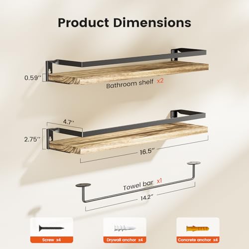 AMADA HOMEFURNISHING Bathroom Shelves with Towel Bar, Floating Shelves, Wall Shelves for Bathroom/Living Room/Kitchen/Bedroom, Light Brown Shelves Set of 2 - AMFS01 AMADA HOMEFURNISHING