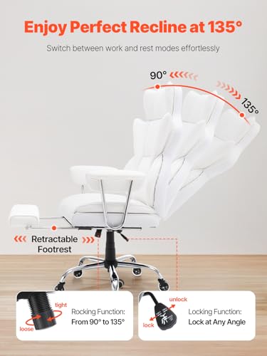 VEVOR Reclining Office Chair with Footrest, Heavy Duty PU Leather Oversize Office Chair, Big and Tall Executive Office Chairs with Lumbar Support, Strong Metal Base Quiet Wheels, White VEVOR