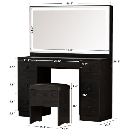 IRONCK Vanity Makeup Desk Set with LED Lighted Mirror & Power Outlet, 7 Drawers Bedroom Vanities Table with Stool,Black IRONCK
