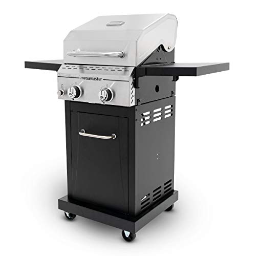 Megamaster 2-Burner Propane Barbecue Gas Grill with Foldable Side Tables, Perfect for Camping, Outdoor Cooking, Patio, Garden Barbecue Grill, 28000 BTUs, Silver and Black, 720-0864MA Megamaster
