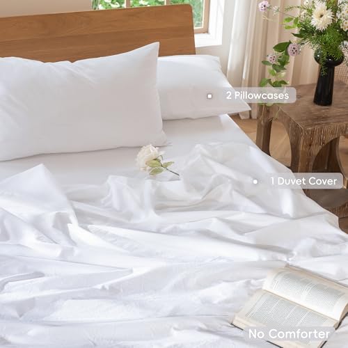 MooMee Bedding Duvet Cover Set 100% Washed Cotton Linen Like Textured Breathable Durable Soft Comfy (Solid Bright White, Queen 90"x90") MooMee
