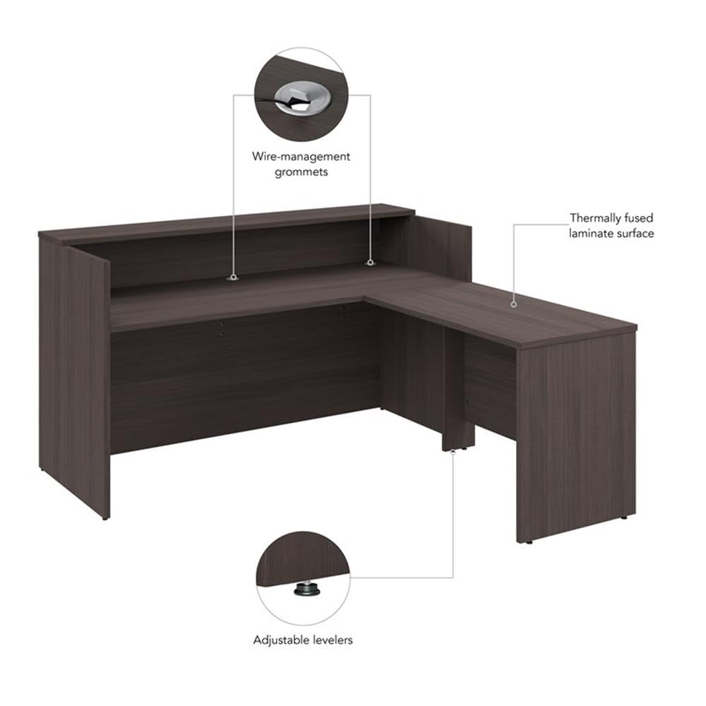 Bush Business Furniture Arrive 72W x 72D L Shaped Reception Desk with Shelf in Natural Elm, Modern Receptionist Station for Office Waiting Room Bush Furniture