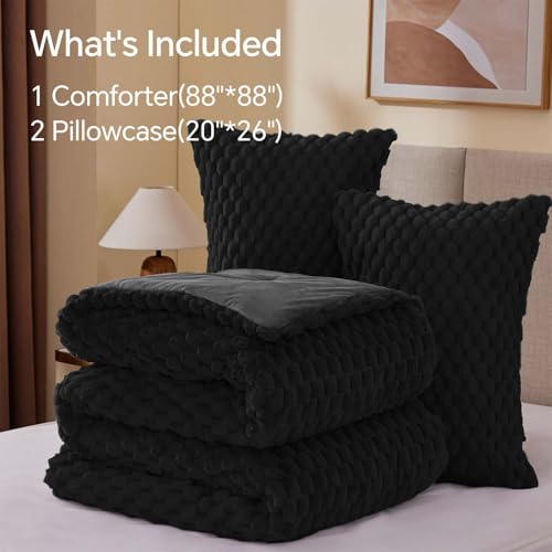 BEDELITE Fluffy Queen Comforter Set - Black Fleece Soft Comforter for Queen Size Bed, Luxury Warm Bedding Set for Winter, Fuzzy Bed Set 3 Pieces (1 Comforter, 2 Pillowcases) BEDELITE