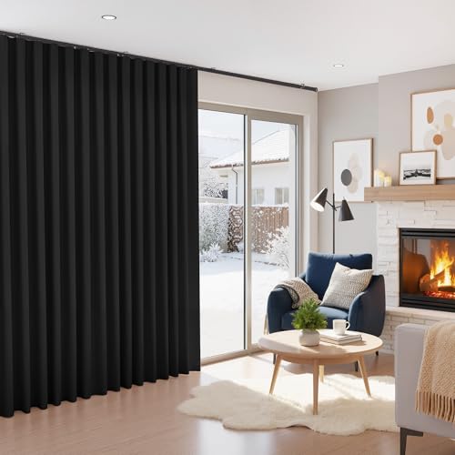 RYB HOME 100% Blackout Room Divider Curtain, Thermal Insulated&Privacy Assurd Extra Wide Curtain for Bedroom/Sliding Door, Back Tab&Rod Pocket Drape with Hooks for Ceiling, W100xL84, Black, 1 Panel RYB HOME