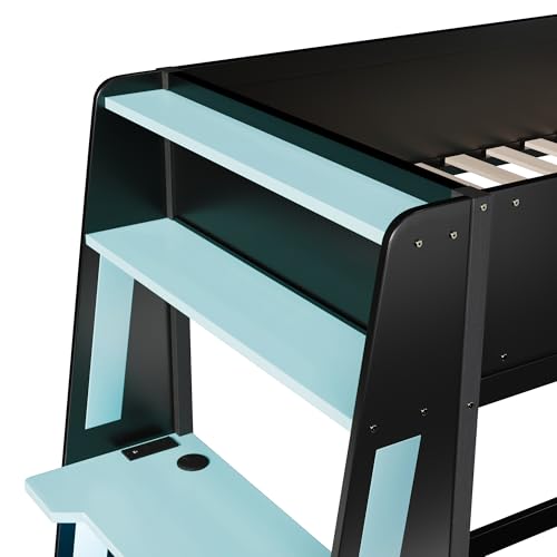 CKLMMC Twin Size Wooden Gaming Bunk Bed with Desk, Two Storage Shelves, USB and LED Light, Sturdy Loft Bed for Gamers & Small Spaces (Black+Blue3) CKLMMC