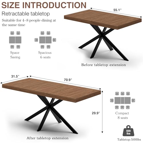 Extendable Dining Room Table for 4 6 8, 55"-70.9" Kitchen Table Rectangle Wood, Expandable Dining Table with Hidden Storage, Space Saving Farmhouse Kitchen Table for Kitchen Dining Living Room MECHYIN