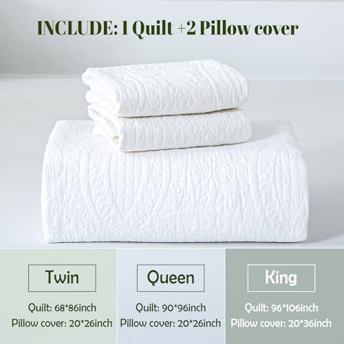 Aqzuxira White 100% Cotton Quilt Set Twin Size, 3 Piece Modern Textured Bedspread with Coin Pattern, Lightweight Crinkly Coverlet Sham Set, Soft Minimalist All Season Bedding, Garment-Washed Aqzuxira