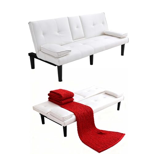 ODOLAR 67" Futon Sofa Bed,Convertible Sofa Bed with 2 Cup Holders,Sleeper Couch PVC Leather Removable Soft Armrest Small Couch for Living Room Apartments (White) ODOLAR