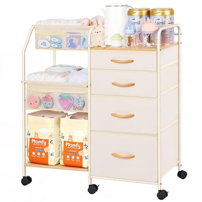 Fabuday Baby Diaper Caddy Organizer Cart - 4 Tier Rolling Diaper Cart with Wheels, Baby Essentials Organizers and Storage, Mobile Utility Carts for Bedside, Bedroom, Crib Nursury, Changing Table
