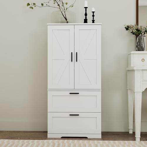 2 Door Tall Kitchen Pantry Storage, Collection Food Free Standing Wooden Storage Cabinet with 2 Drawers and Adjustable Shelves, Modern Farmhouse Versatile Storage for Kitchen, Dining Room (White) Panana