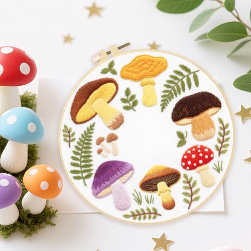 ACRNIGHEET 5PCS Embroidery Kit for Beginners Adults, Mushroom Embroidery Kit, Embroidery Starter Kit with Instructions, Including 5 Stamped Embroidery Cloth Hoops Threads, Crafts Gift Idea