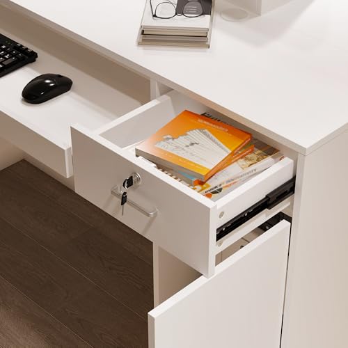 AIEGLE 61" Reception Desk with LED Lights & Lockable Drawers, Check Out Counter w/Cabinet & Display Shelves, Modern White Front Reception Desk w/Keyboard Tray for Lobbies, Salons, Retail AIEGLE