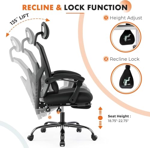 Sweetcrispy Office Computer Desk Chair, Ergonomic High-Back Mesh Rolling Work Swivel Chairs with Wheels, Comfortable Lumbar Support, Comfy Arms for Home, Bedroom, Study, Student, Black Sweetcrispy