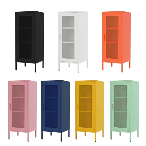 Slim Metal Storage Cabinet with Mesh Doors - 42'' Tall Narrow Organizer Tower, Compact Freestanding Cabinet, Versatile Utility Storage for Home, Office, Kitchen, Living Room, Durable and Modern Design ALBAD