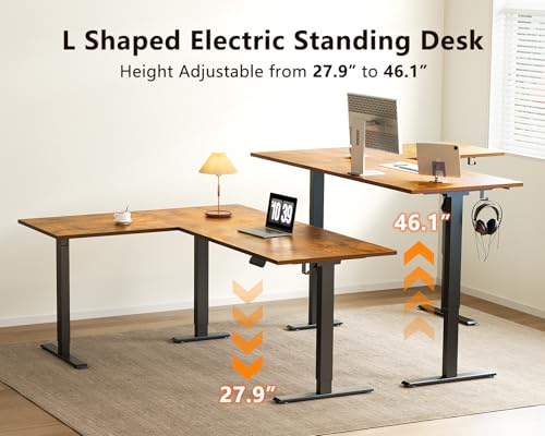 Casaottima 63 Inch Reversible L Shaped Electric Standing Desk, Ergonomic Height Adjustable Desk, Large Lift Corner Stand up Table for Workstation, Home Office, Reception Room, Rustic Brown Casaottima
