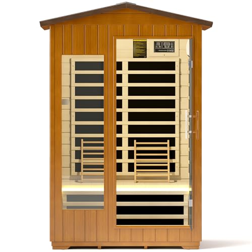 springspa Outdoor Infrared Sauna 2 Person for Home, 15amp Low EMF Far Infrared Spruce Wooden Sauna at Home with Bluetooth,LCD Panel springspa