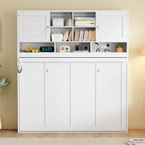 Ball & Cast Hideaway Bed Queen Size Murphy Bed with Ample Storage,Space-Saving Wall-Mounted Design Cabinets Bedframe w/Chevron Stripes,Hydraulic Lift System,for Apartment,White Ball & Cast