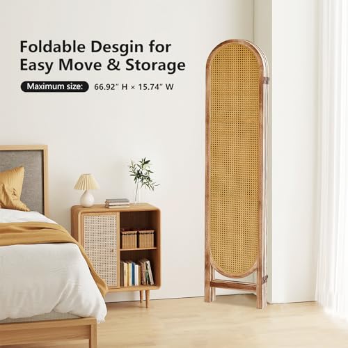 Asnefeli 4 Panel Room Divider, Double Hinged Foldable Wooden Room Divider, Individual Privacy Screen Made of Hand-Woven Rattan, Portable Wall Divider for Home Office Bedroom Bathroom (Natural) Asnefeli