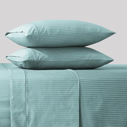 Feather & Stitch 500 TC Queen Size Bed Sheet Set, 100% Cotton Soft Breathable Bedsheets 4 Piece 18" Deep Pockets Sateen Weave Striped Bedding Mattress Resort Hotel Luxury - (Granite Green Stripe) FEATHER & STITCH NEW YORK