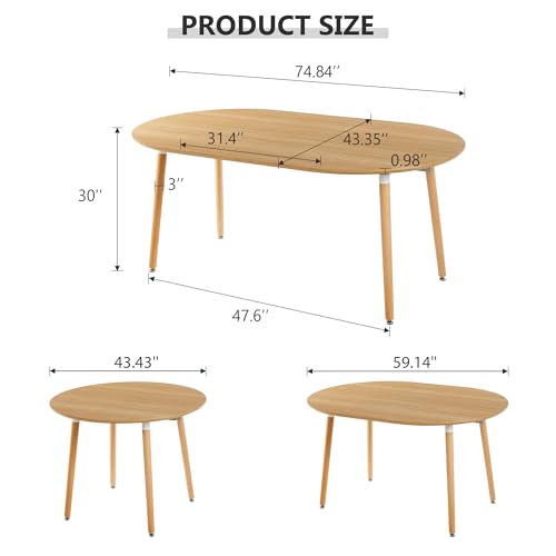 Oval Extendable Dining Room Table for 4-8 People, Modern Wooden Dining Table with MDF Tabletop and Metal Frame, Extendable from 43" to 59" to 74.8", Oval Kitchen Table for Home, Office,Oval Natural Lecut