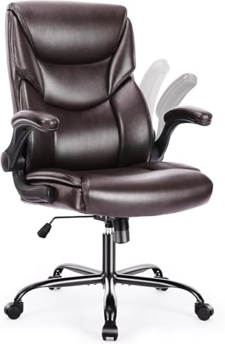 DUMOS Office Chair - Ergonomic Executive Computer Desk Chairs with Adjustable Flip-up Armrest, Swivel Task Chair with Lumbar Support, PU Leather, Brown DUMOS