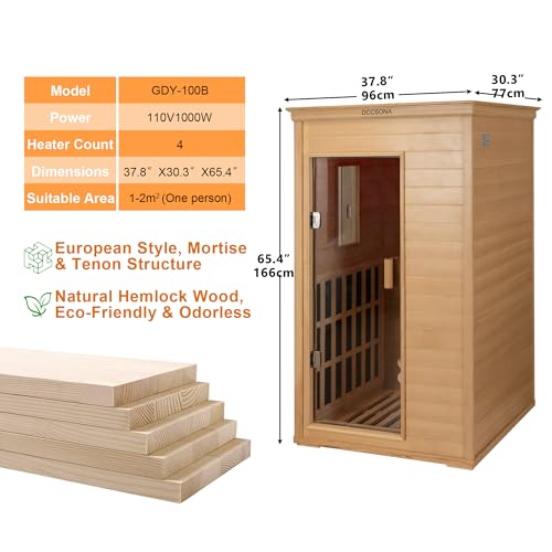 1-Person Far Infrared Sauna with Red Light Therapy – Compact Canadian Hemlock Wood Indoor Home Spa, 4 Fast Heating Panels (1000W 110V), Bluetooth, 7-Color LED & Timer – 65.4" Tall (Fits Small Spaces) DCCSONA