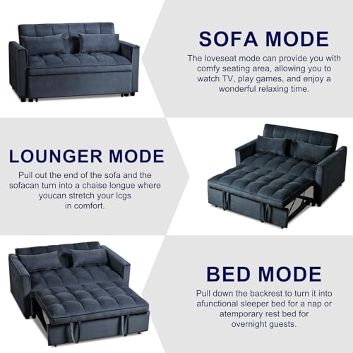 3 in 1 Convertible Sleeper Sofa Bed, 54'' Full Size Velvet Pull Out Futon Couch Recliner with Reclining Backrest & 2 Pillows, Small Loveseat Lounge Couches for Small Spaces (Black) Generic
