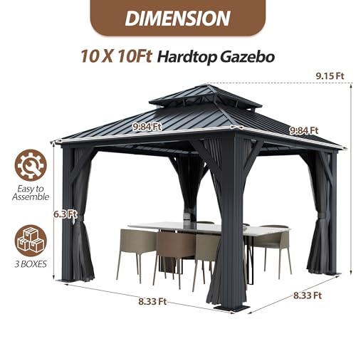 Raysfung 10 X 10ft Hardtop Gazebo, Galvanized Steel Double Roof Gazebo with Nettings and Curtain Outdoor Aluminum Frame Vertical Stripes Roof Permanent for Patio, Backyard, Lawns Raysfung