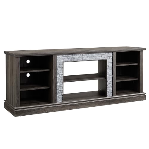 Jenvor TV Stand Large 75 Inch Media Console Table with Faux Stacked Stone Surround, Large Storage Cabinet, 6 Cable Cutouts, Adjustable Shelves, Grey 70.12" W x 15.35" D x 25.83" H Jenvor